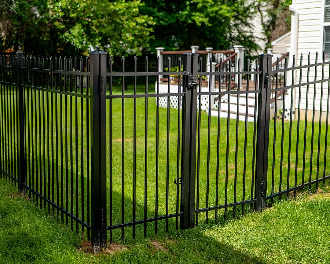 Gate detail of black aluminum fence and double gate in Delaware