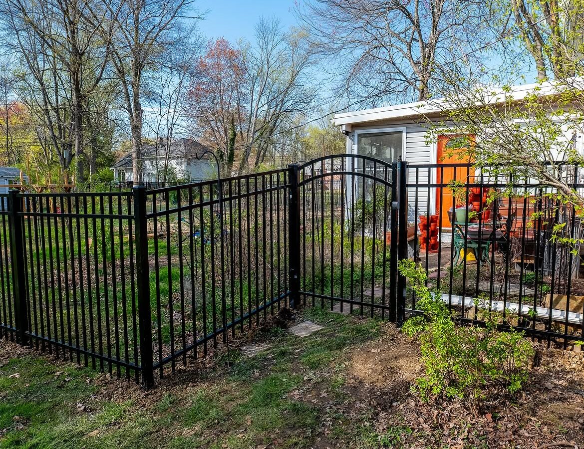 Gate detail of black aluminum fence in Wilmington, DE