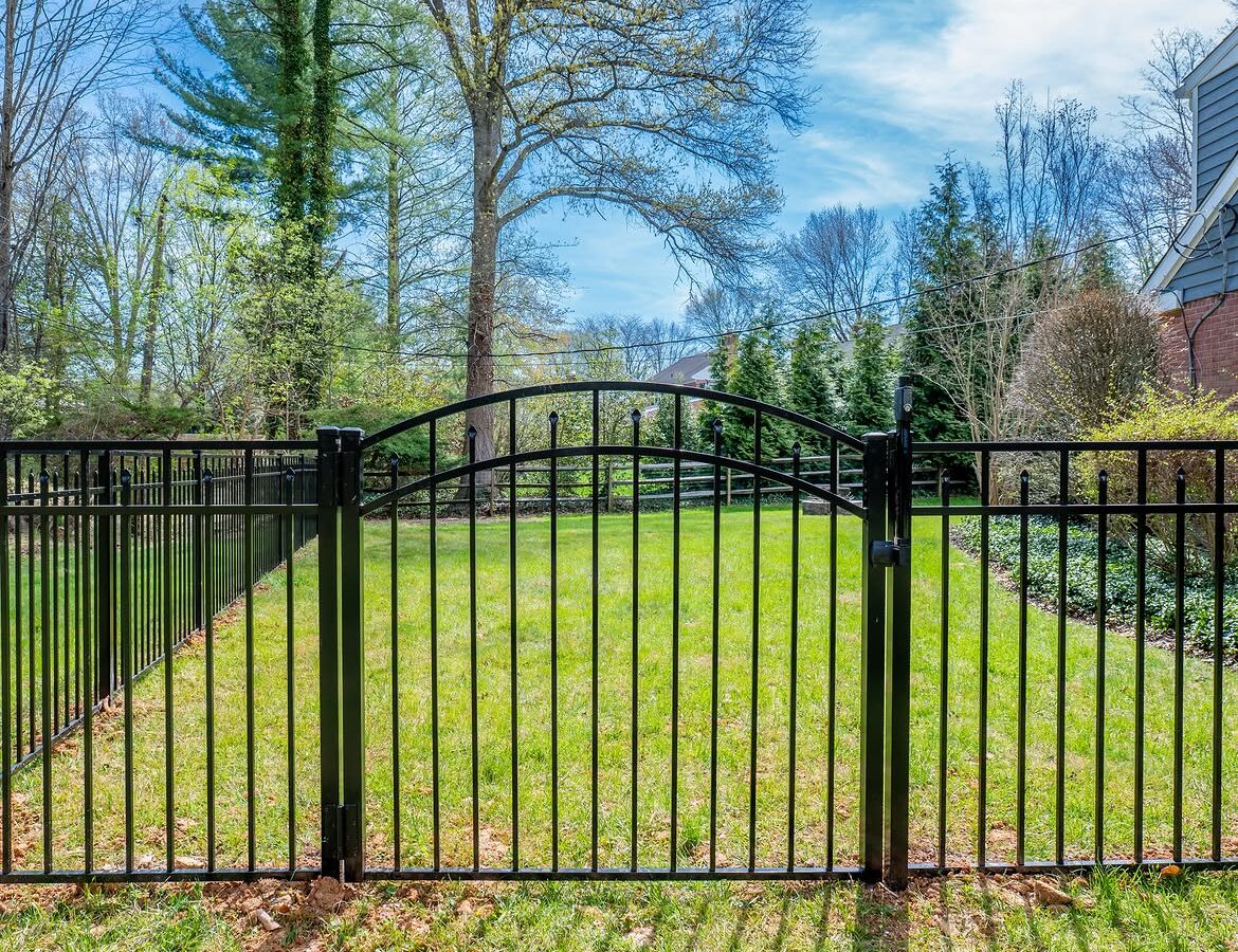 Gate detail of black aluminum fence in North Wilmington, DE