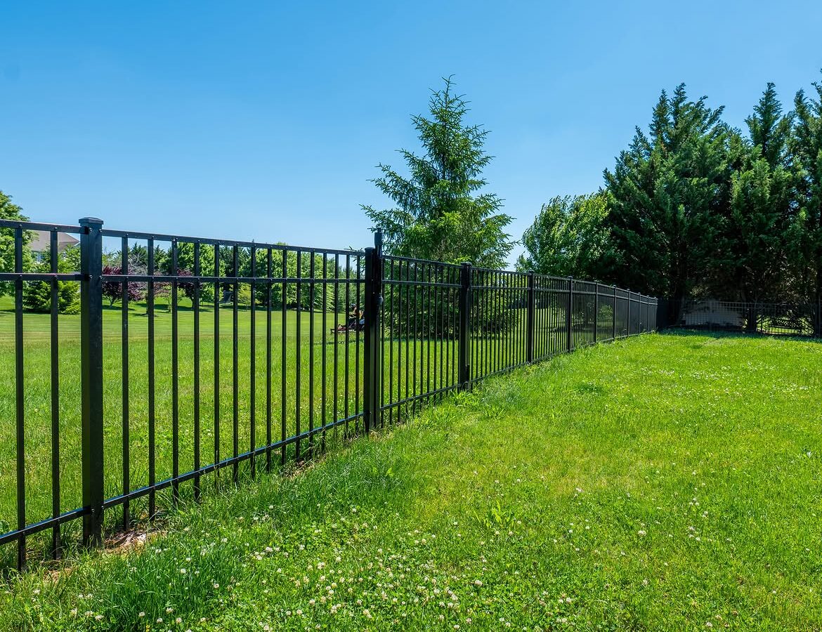 Rear yard view of black aluminum fence in Delaware