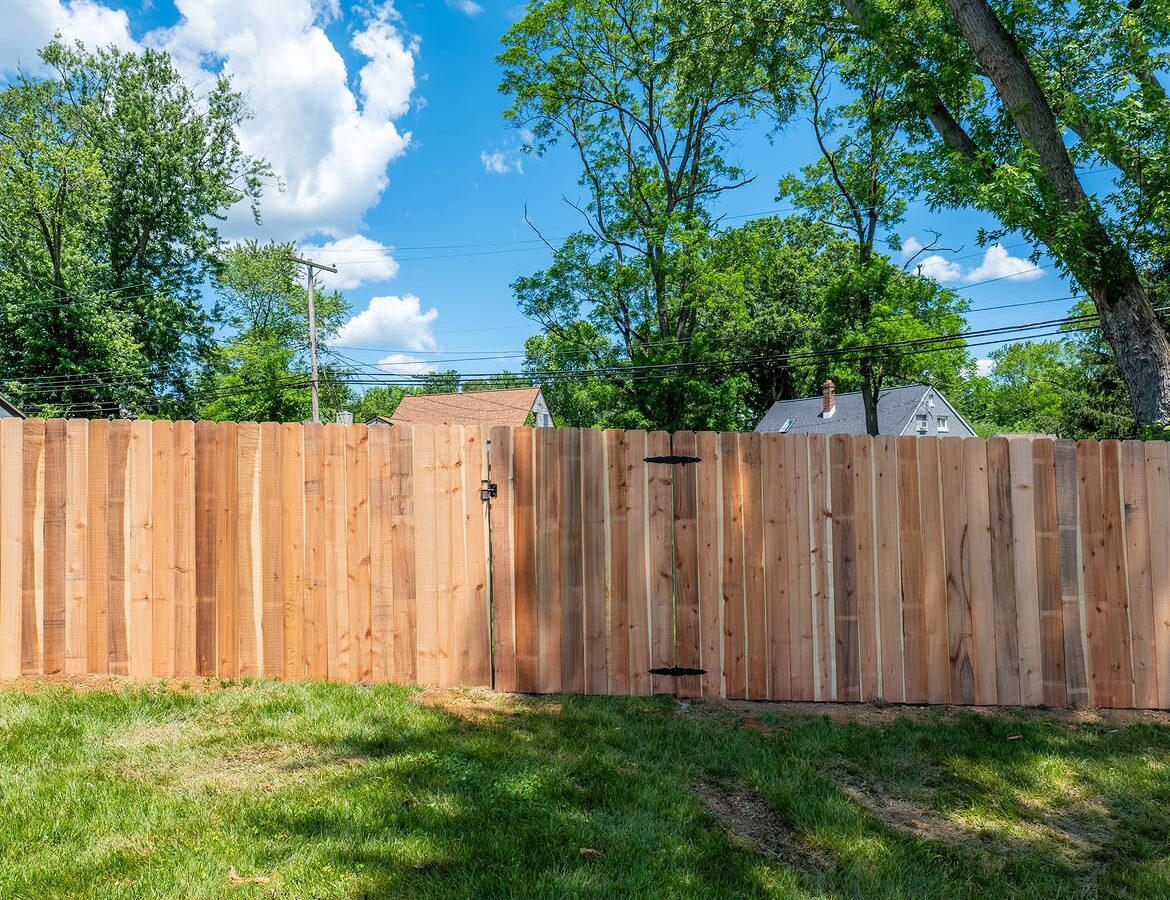 Gate detail of cedar privacy fence in Delaware