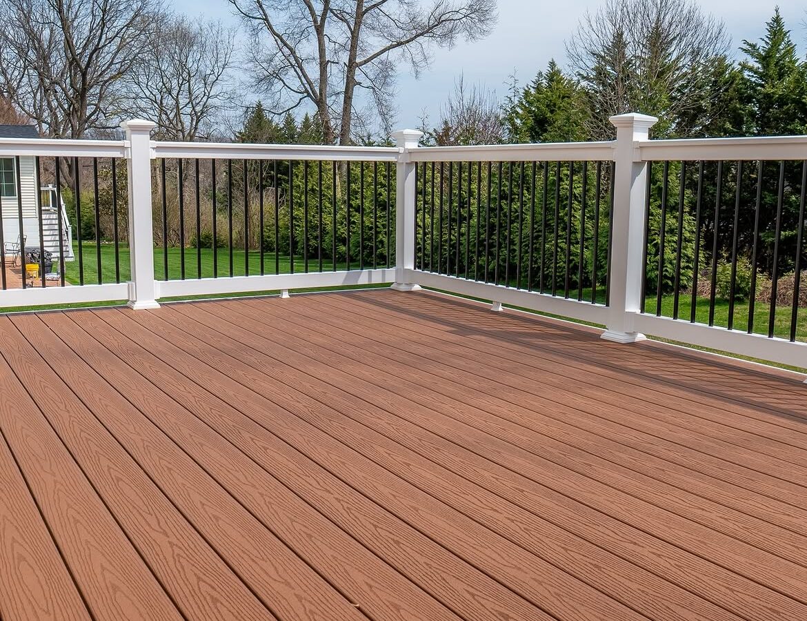 Angled view of composite deck with white rails in Delaware