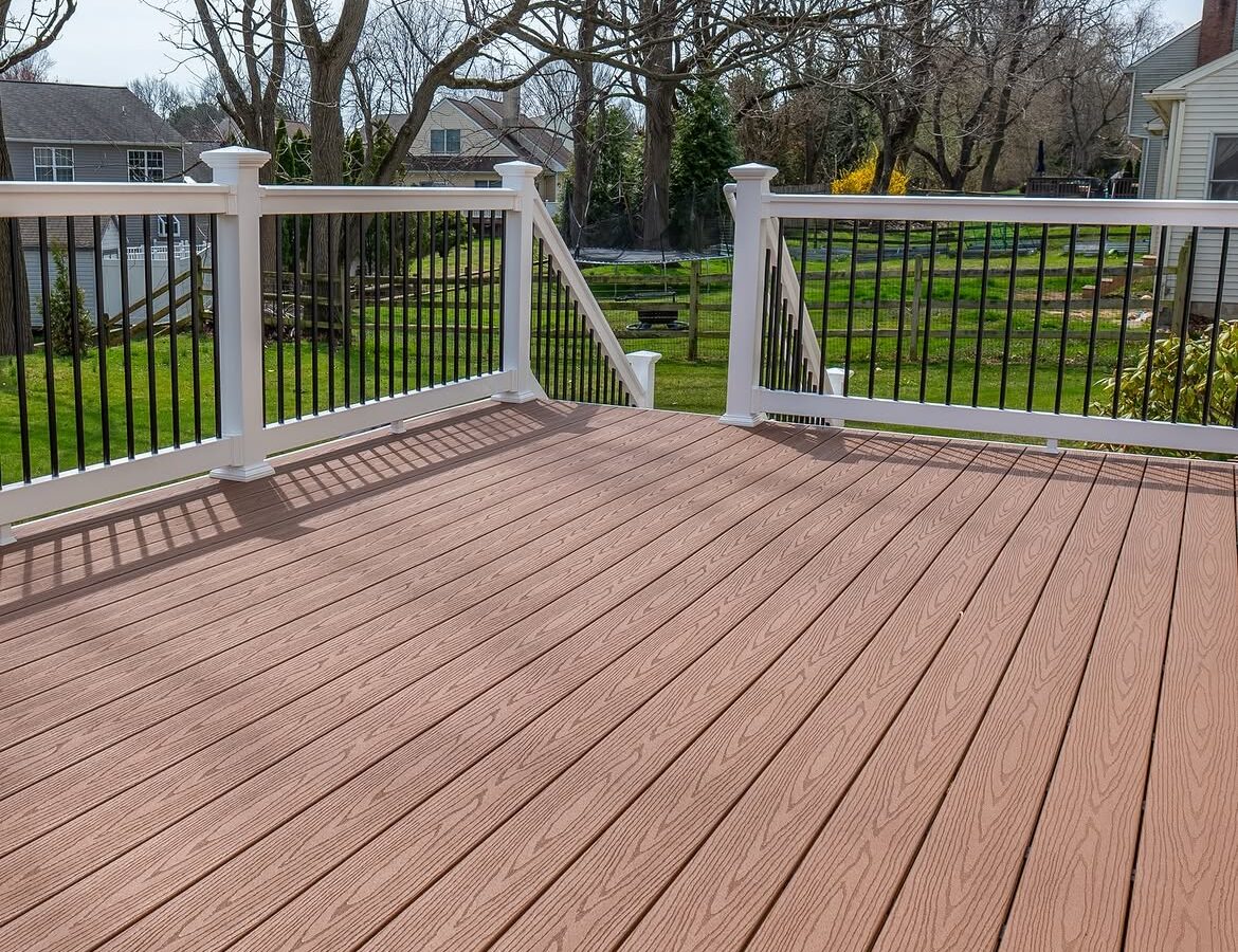 Corner detail of composite deck with white rails in Delaware