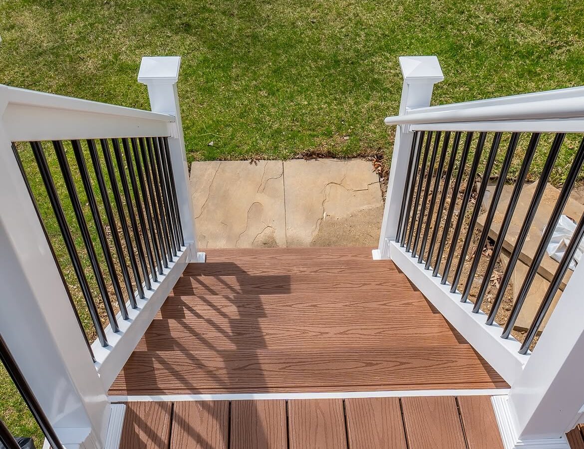 Panel detail of composite deck with white rails in Delaware