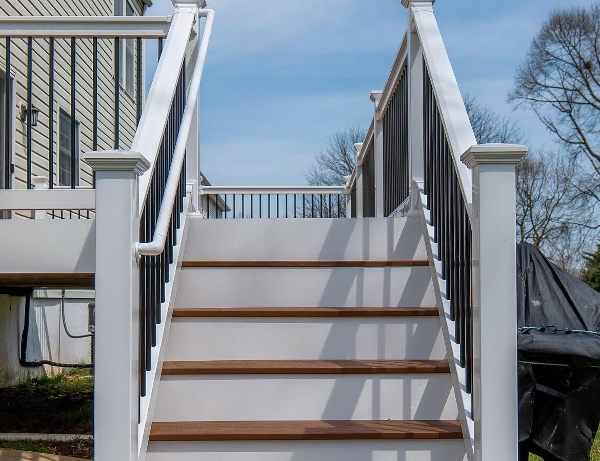 Angled view of composite deck with white rails in Delaware