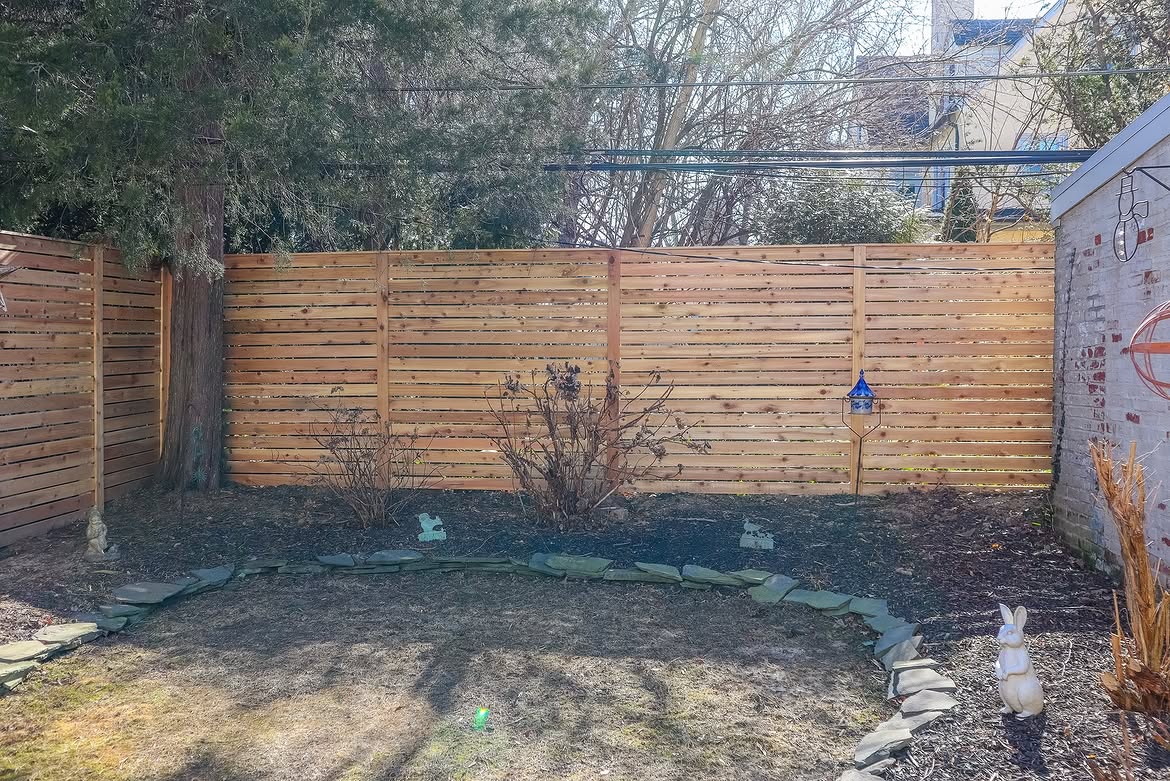 Full view of horizontal cedar privacy fence in Wilmington, DE