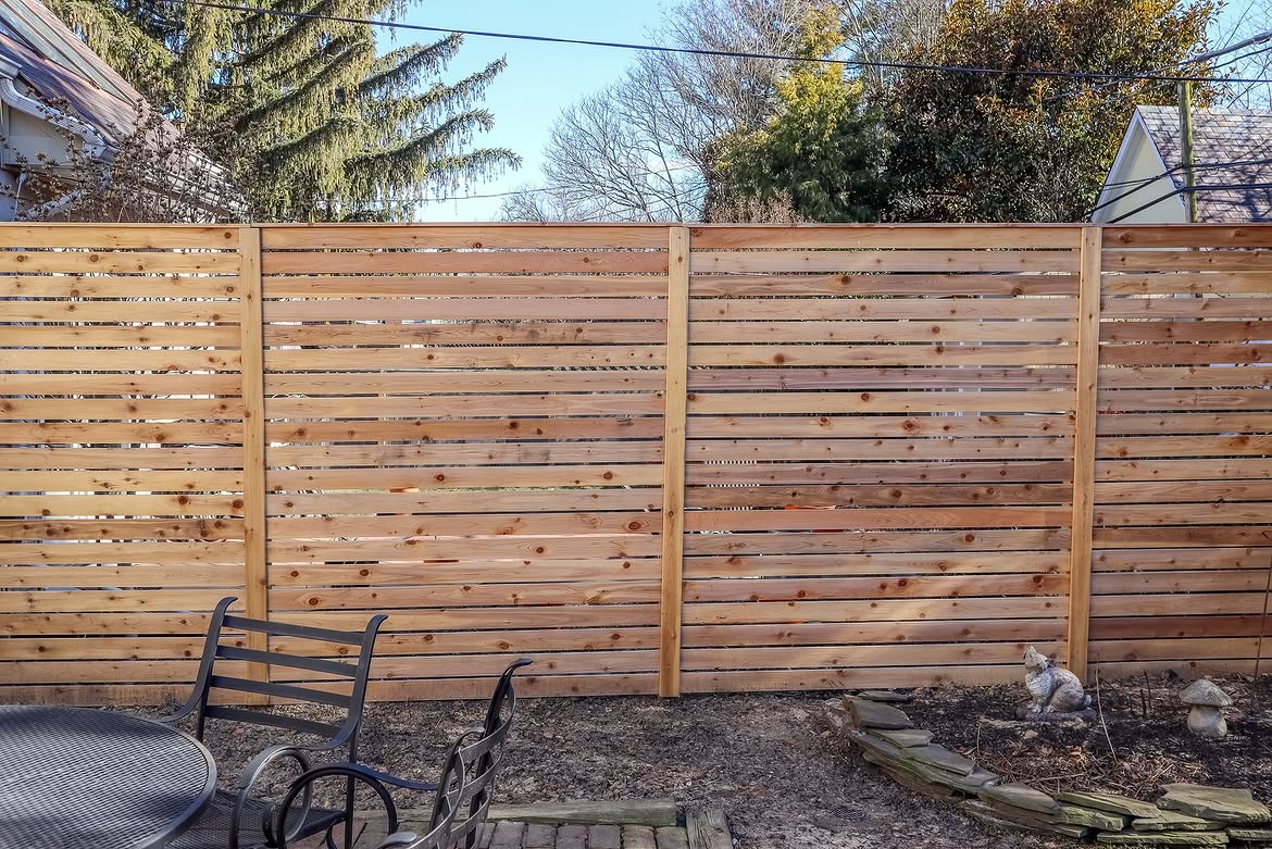 Angled view of horizontal cedar privacy fence in Wilmington, DE