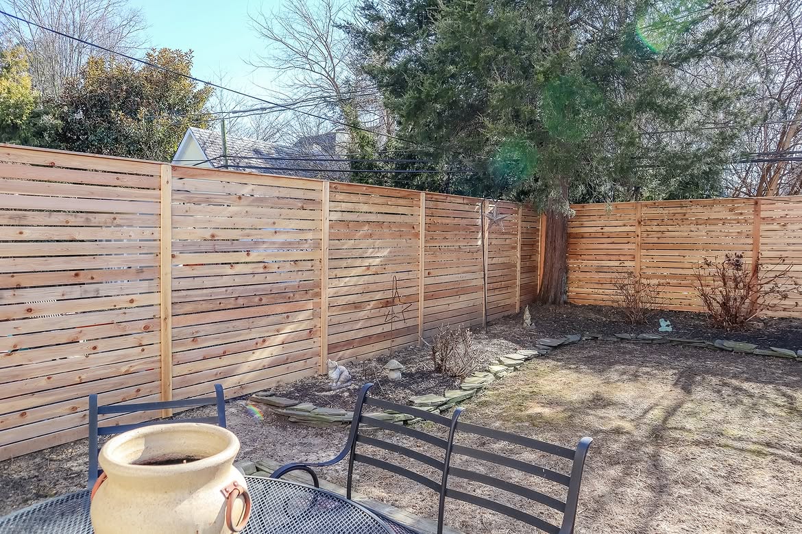 Close-up of horizontal cedar privacy fence in Wilmington, DE