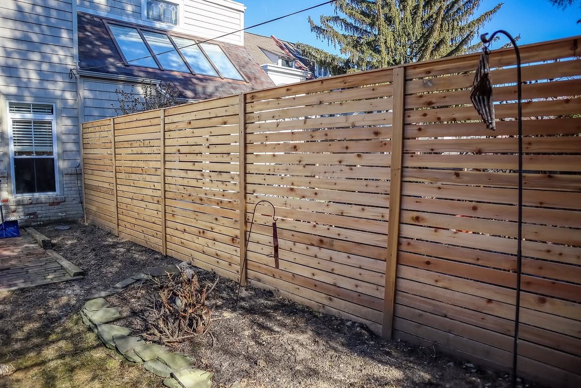 Wide view of horizontal cedar privacy fence in Wilmington, DE