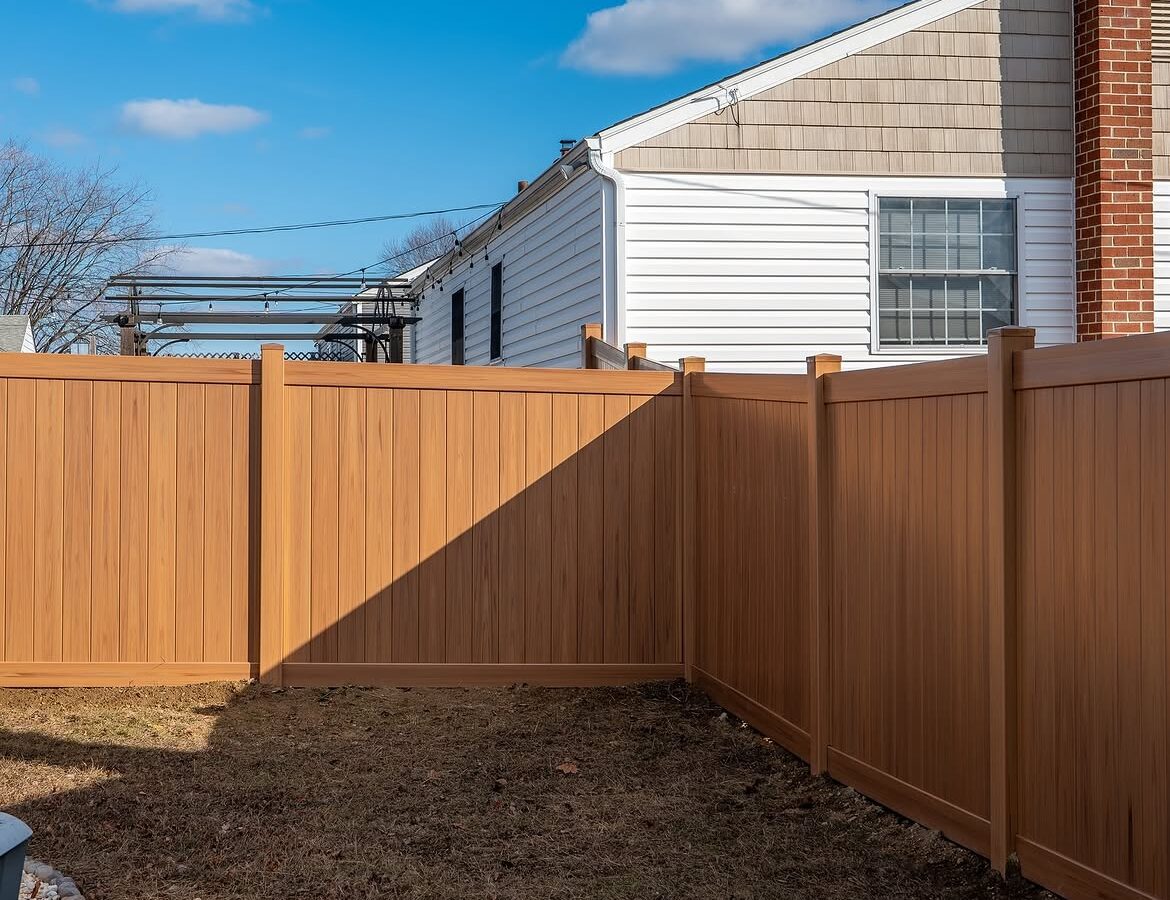 Side view of light tan wood grain vinyl fence in Aston, PA