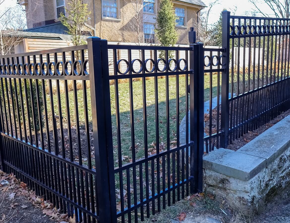 Angled view of ornamental black aluminum fence in Delaware