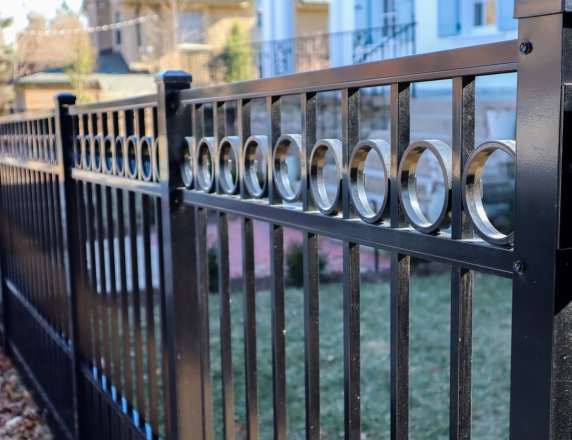 Corner detail of ornamental black aluminum fence in Delaware