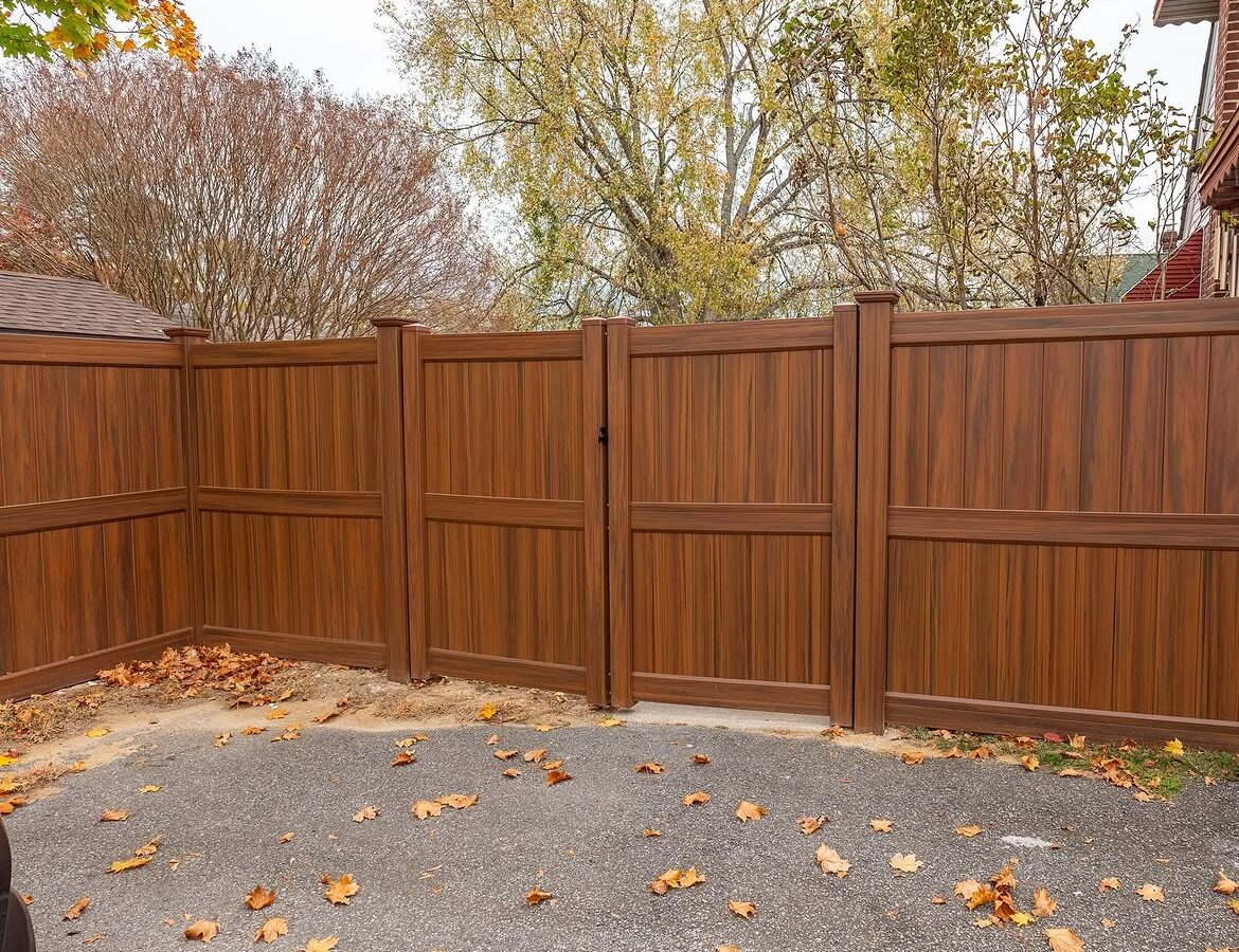Gate detail of wood grain vinyl privacy fence in Christiana, DE