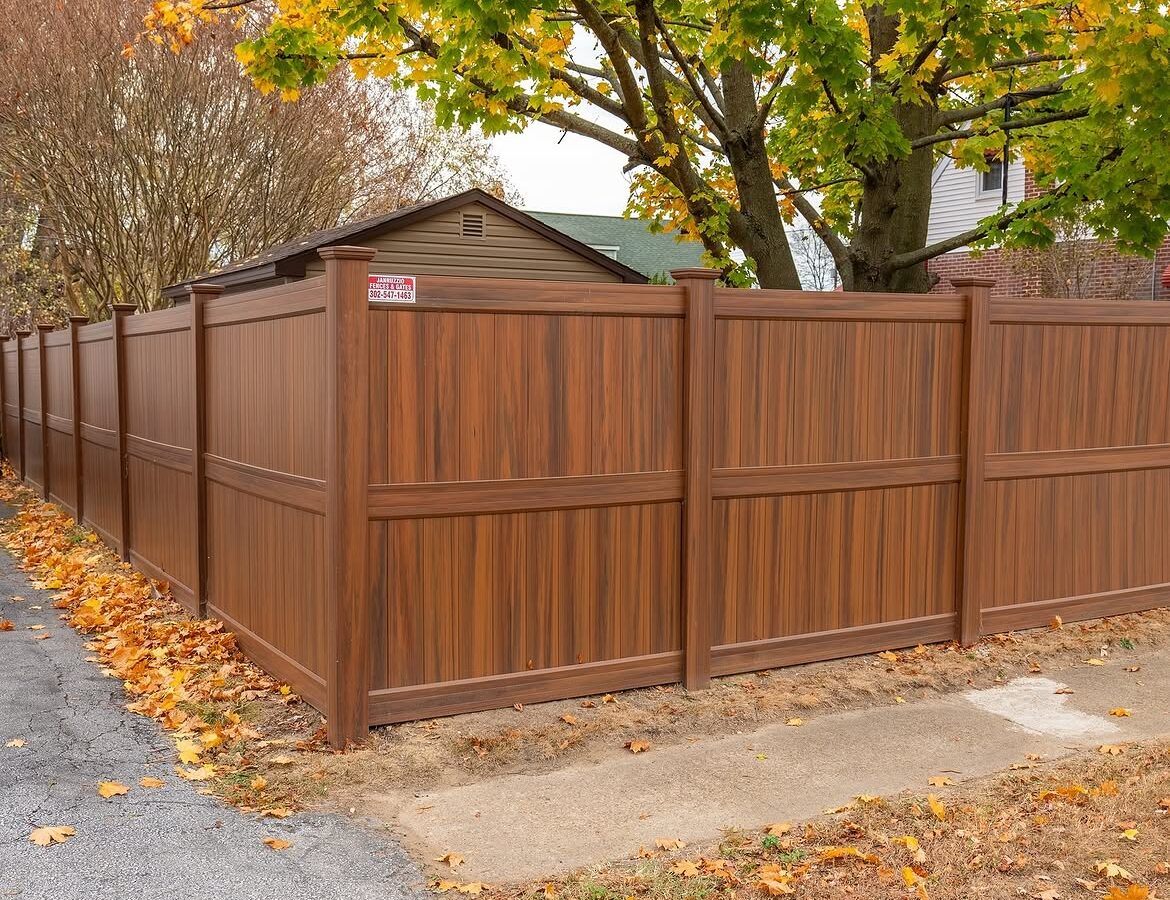 Full view of wood grain vinyl privacy fence in Christiana, DE