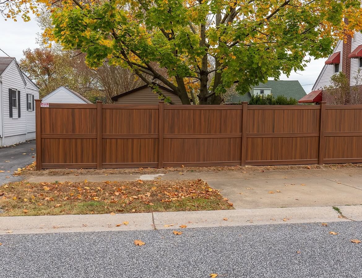 Angled view of wood grain vinyl privacy fence in Christiana, DE