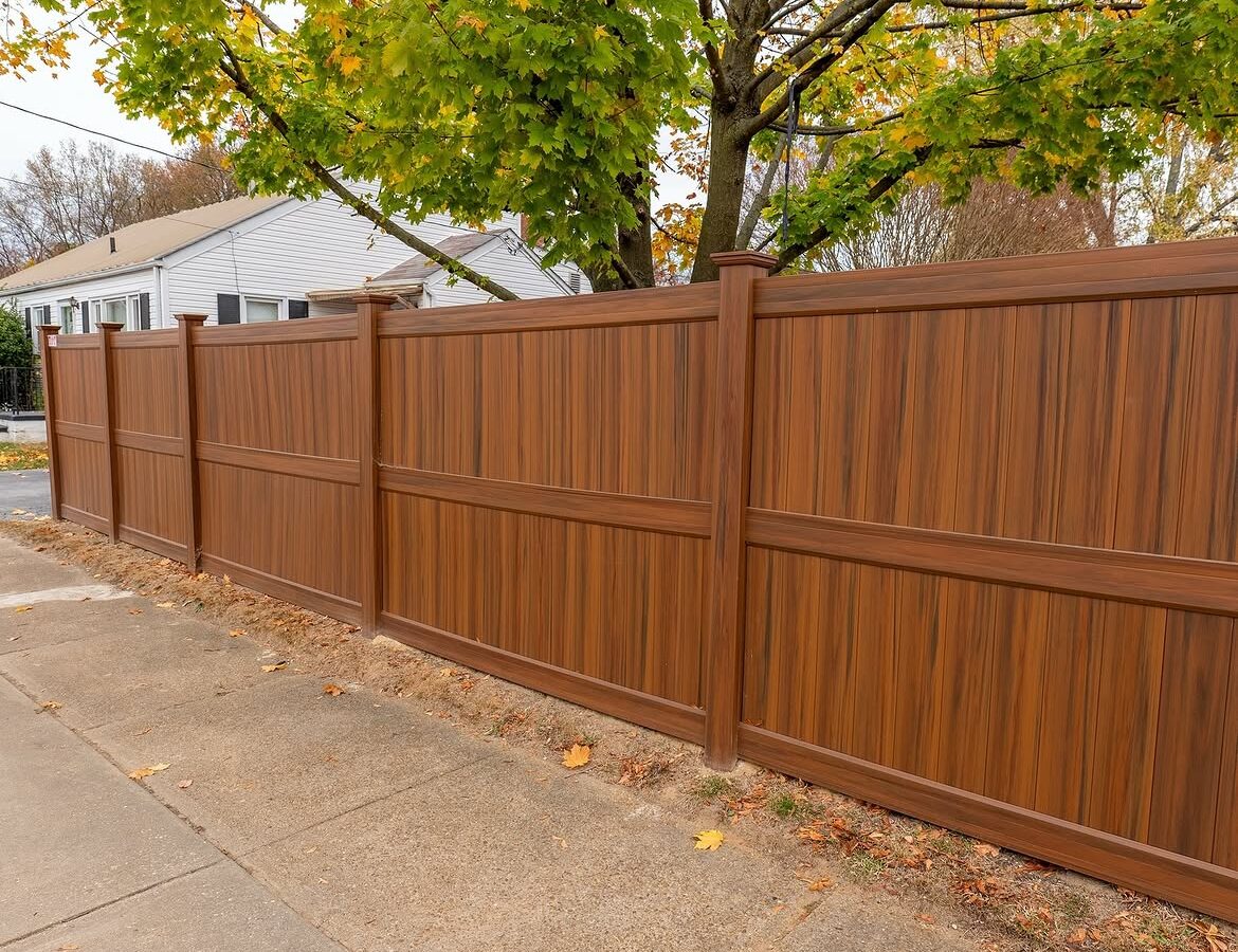 Corner detail of wood grain vinyl privacy fence in Christiana, DE