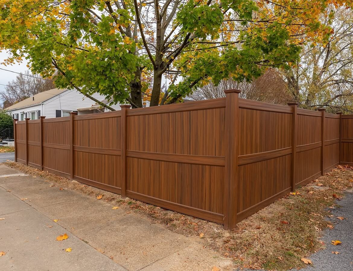 Property line view of wood grain vinyl privacy fence in Christiana, DE