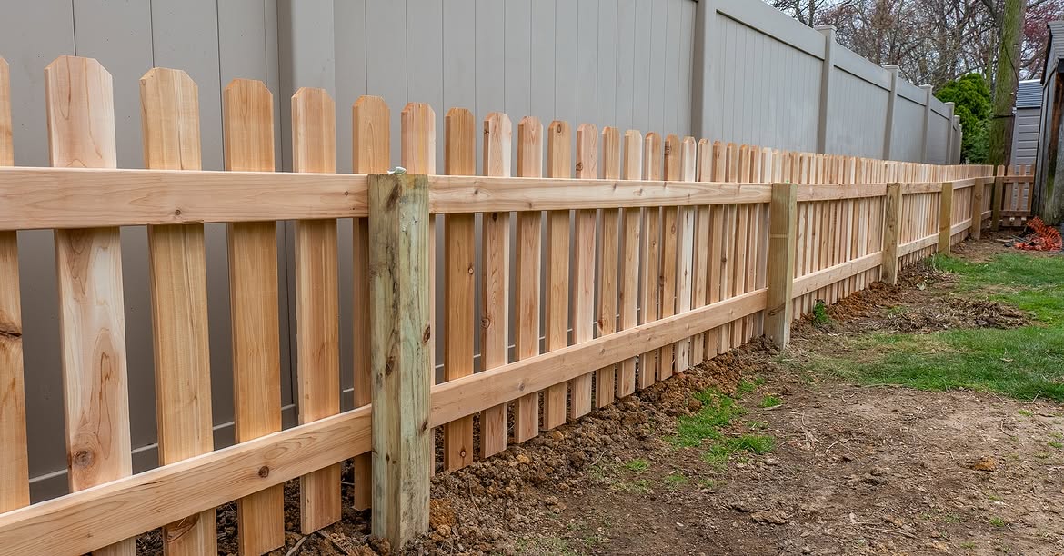 Angled view of cedar picket fence in Wilmington, DE