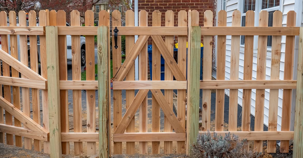 Gate detail of cedar picket fence in Wilmington, DE